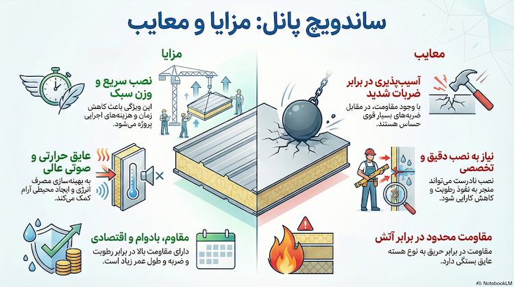 اینفوگرافیک مزایا و معایب استفاده ساندویچ پانل